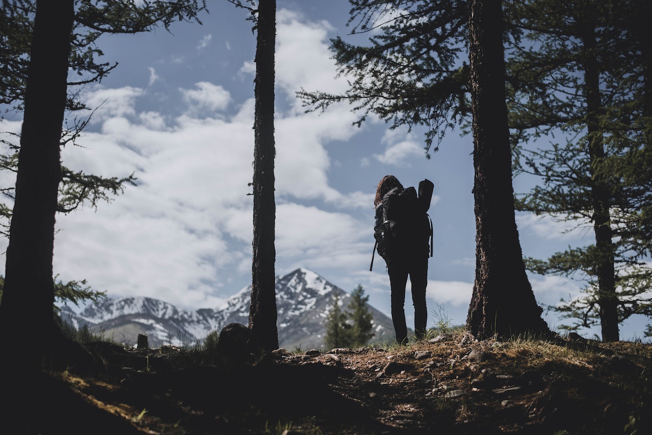 woman hiking at high altitude in trees